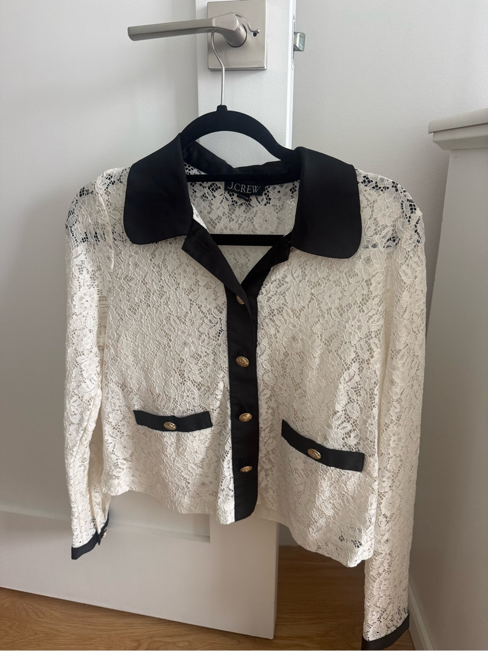 J. Crew Cream Lace Button-Front Blouse with Black Trim